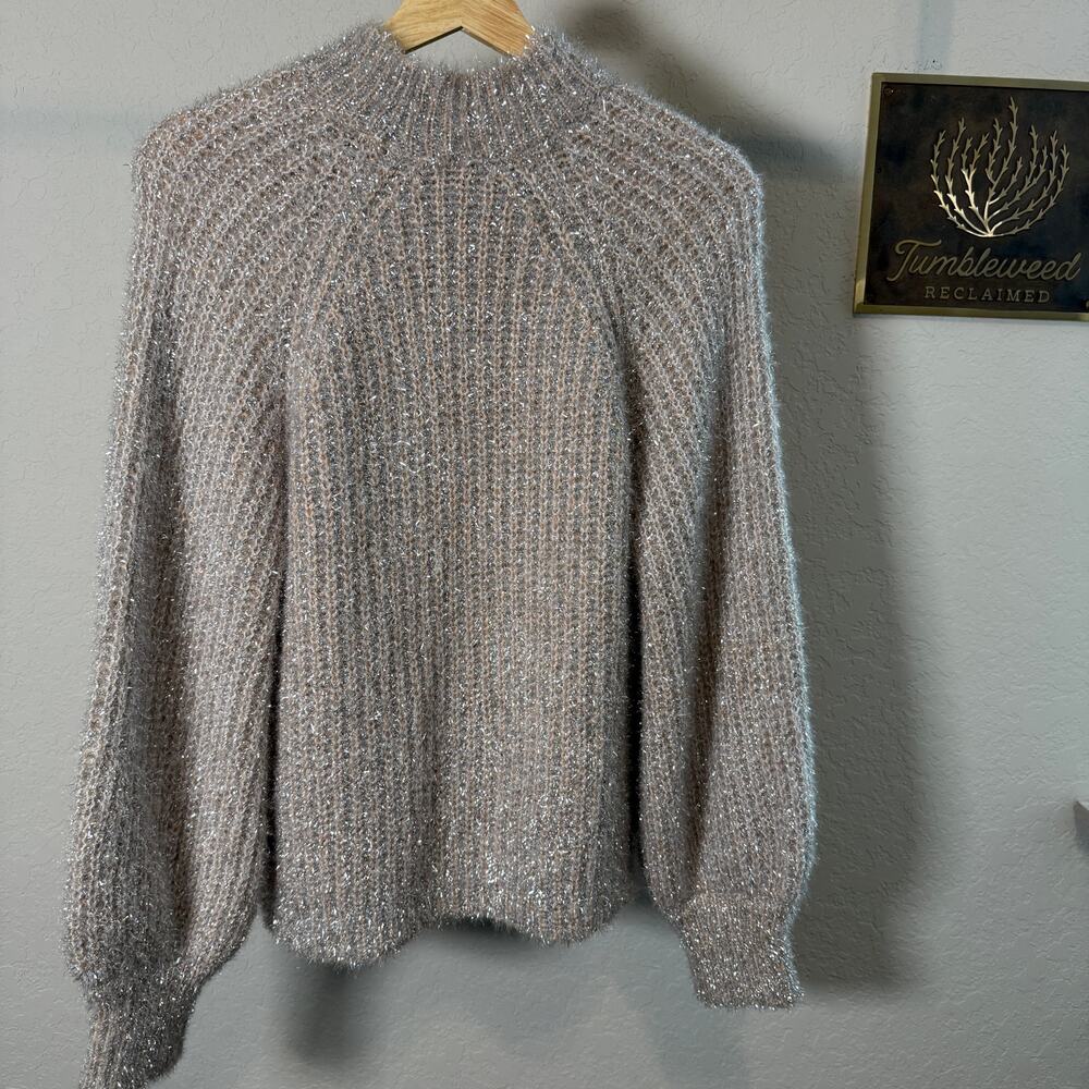 See and Be Seen Women's Silver Metallic and Tan Eyelash Sweater Size S